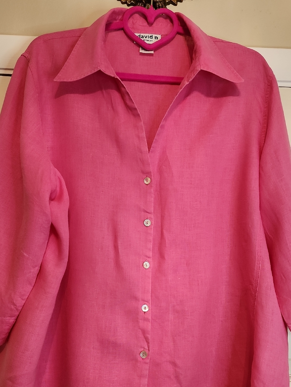 DAVID N Woman 100% Linen  Pink Button-Front Shirt Pearlized Buttons 1X